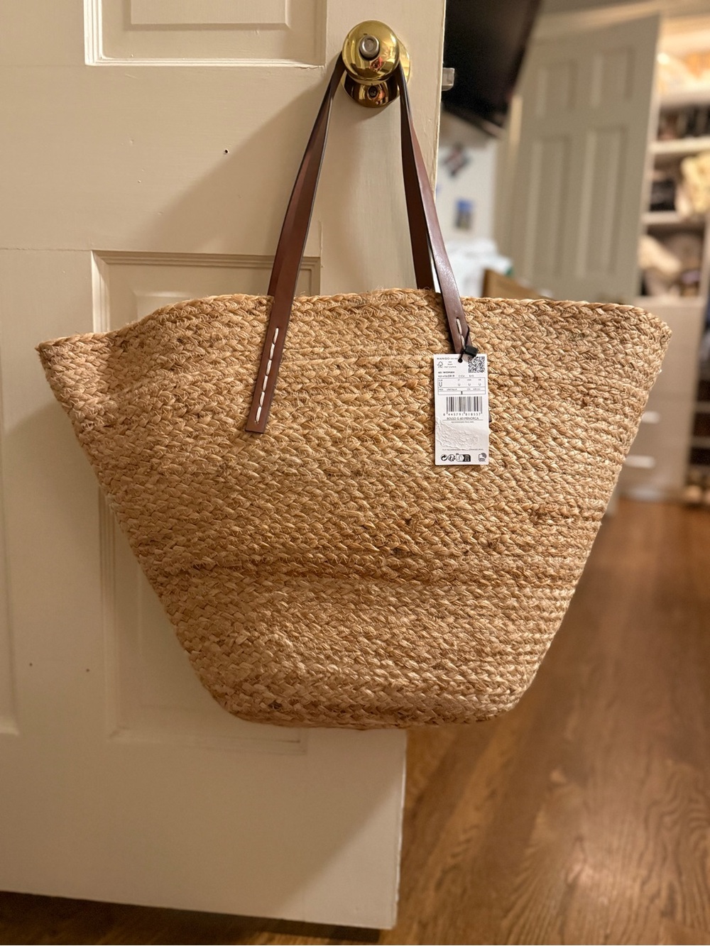 Mango Natural Straw Tote with Brown Leather Handles - Picture 2 of 6